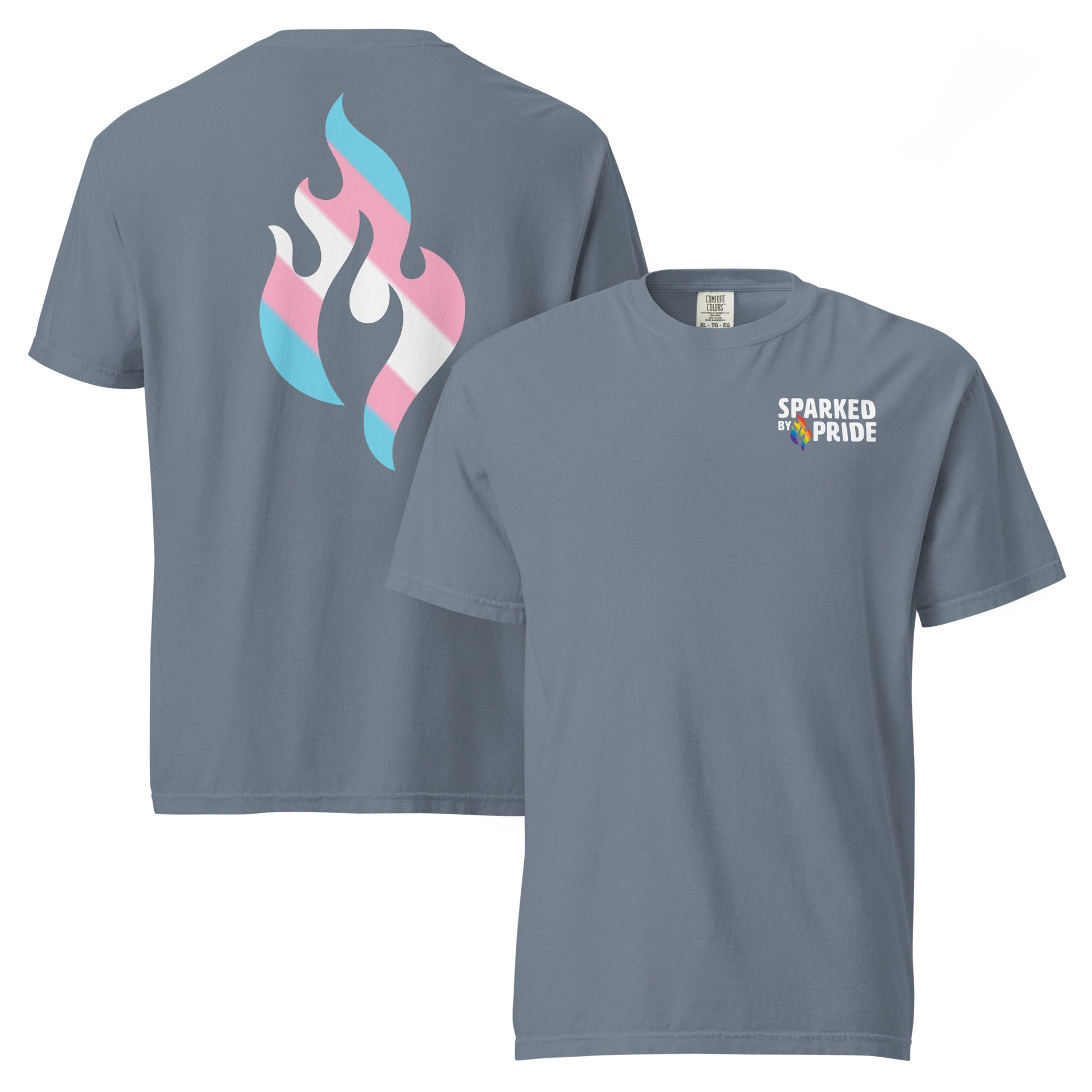 Transgender Pride Flame T-shirt with retro pride flame graphic, unisex comfort Colors shirt by Sparked By Pride