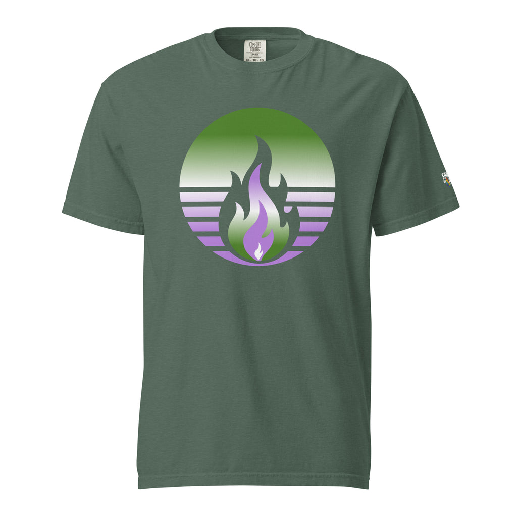 Genderqueer Pride Fire Rising T-Shirt with retro pride flame graphic, unisex comfort colors pride shirt by Sparked By Pride