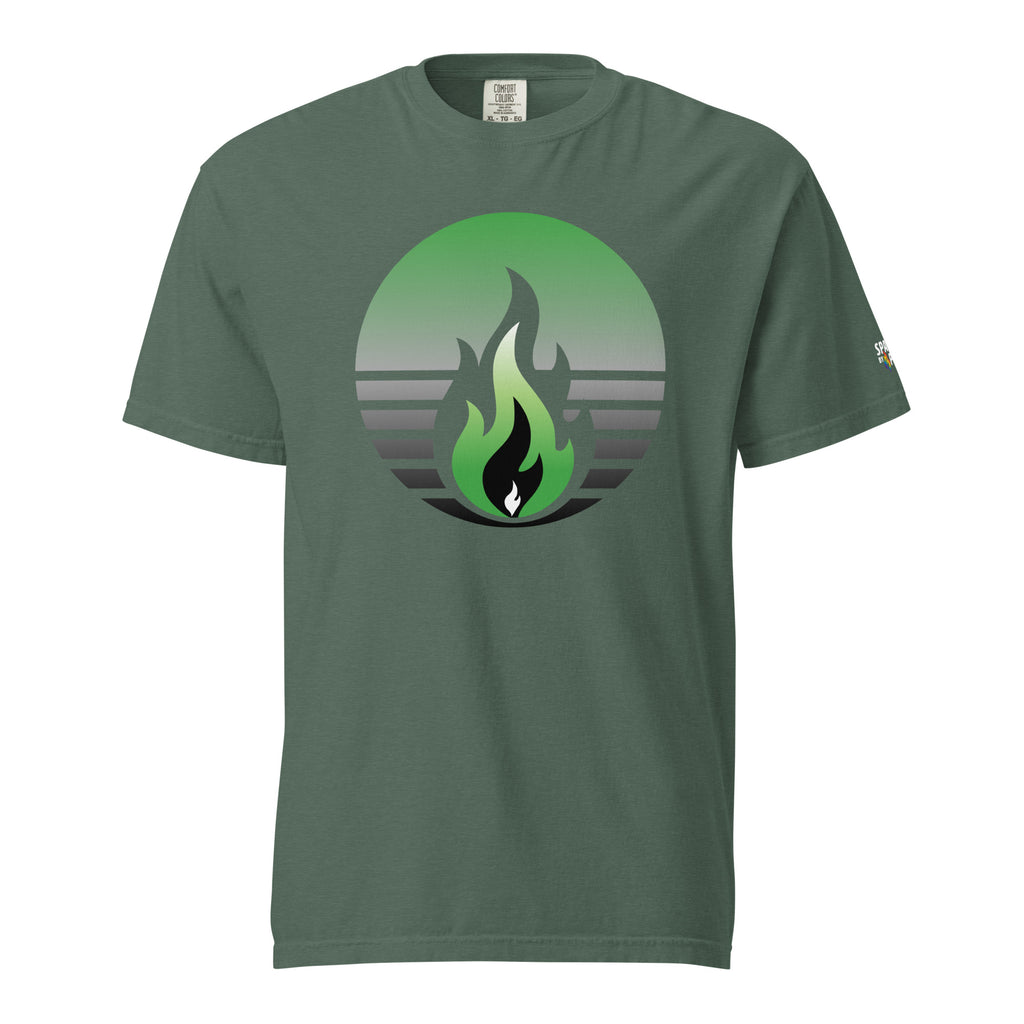 Aromantic Pride Fire Rising T-Shirt with retro pride flame, unisex pride t-shirt by Sparked By Pride