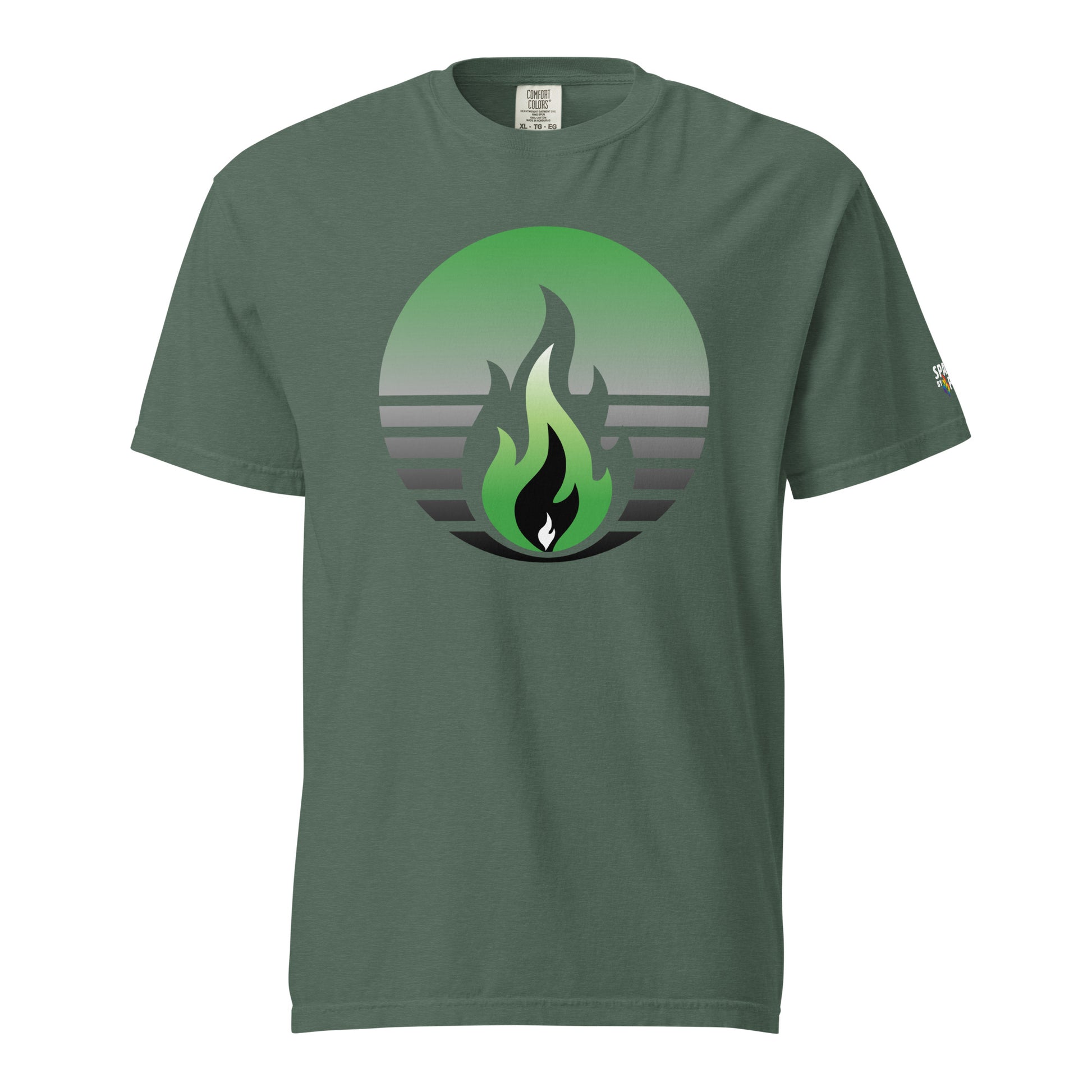 Aromantic Pride Fire Rising T-Shirt with retro pride flame, unisex pride t-shirt by Sparked By Pride