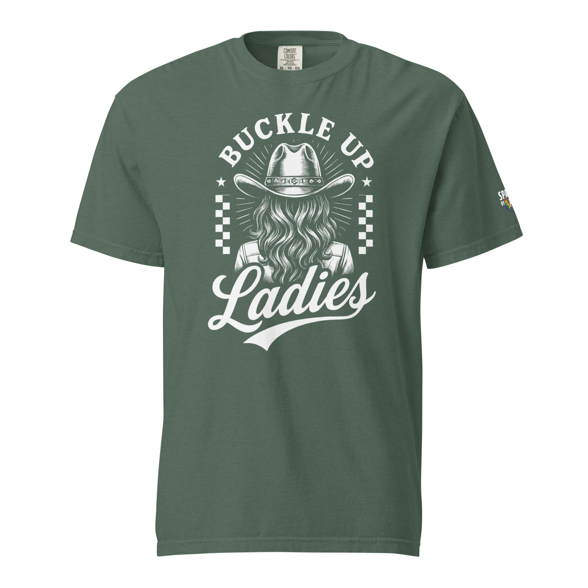 Buckle Up Ladies T-Shirt unisex pride tee with retro western print, subtle LGBTQ+ design by Sparked By Pride