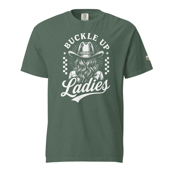 Buckle Up Ladies T-Shirt unisex pride tee with retro western print, subtle LGBTQ+ design by Sparked By Pride