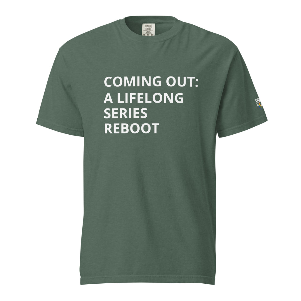 Coming Out: A Lifelong Series Reboot T-Shirt unisex pride tee by Sparked By Pride, inclusive queer fashion statement