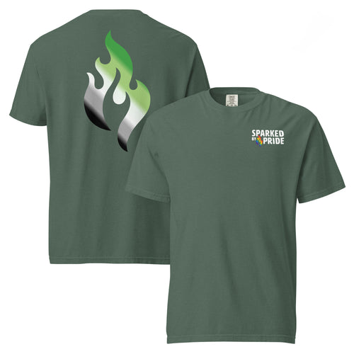 Aromantic Pride Flame T-shirt with printed pride flame graphic, unisex comfort colors pride shirt by Sparked By Pride