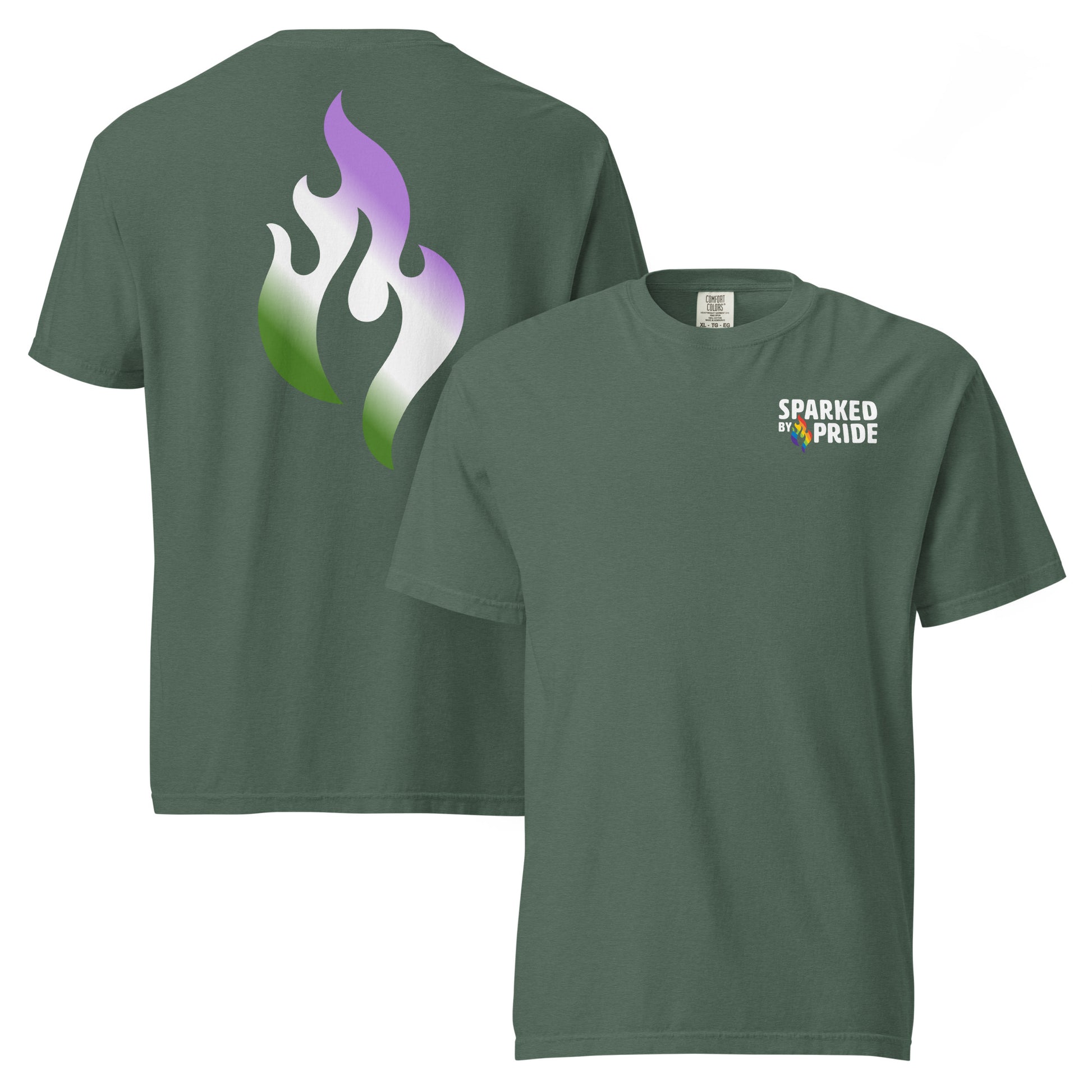 Genderqueer Pride Flame T-shirt with retro pride flame graphic, unisex comfort colors pride shirt by Sparked By Pride