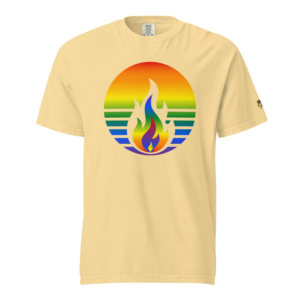 Rainbow Pride Fire Rising T-Shirt with retro pride flame graphic, unisex comfort colors pride shirt by Sparked By Pride