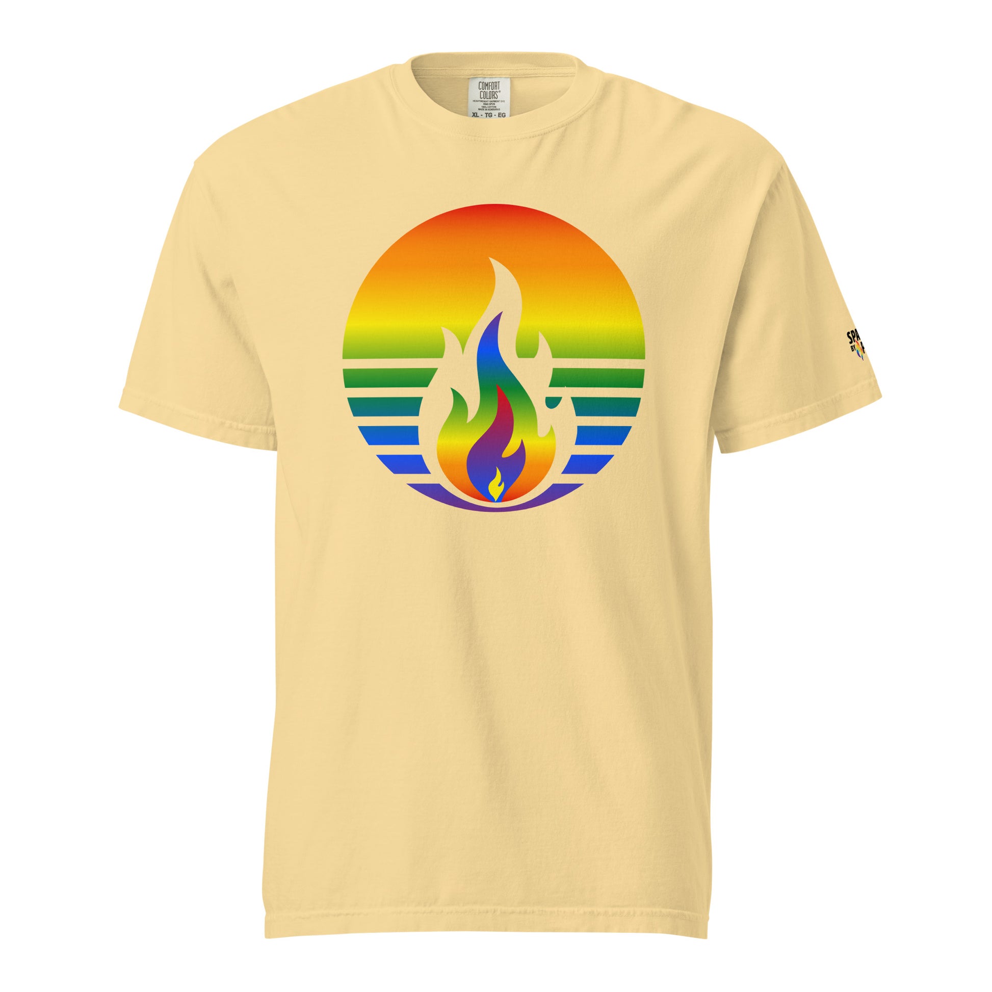 Rainbow Pride Fire Rising T-Shirt with retro pride flame graphic, unisex comfort colors pride shirt by Sparked By Pride