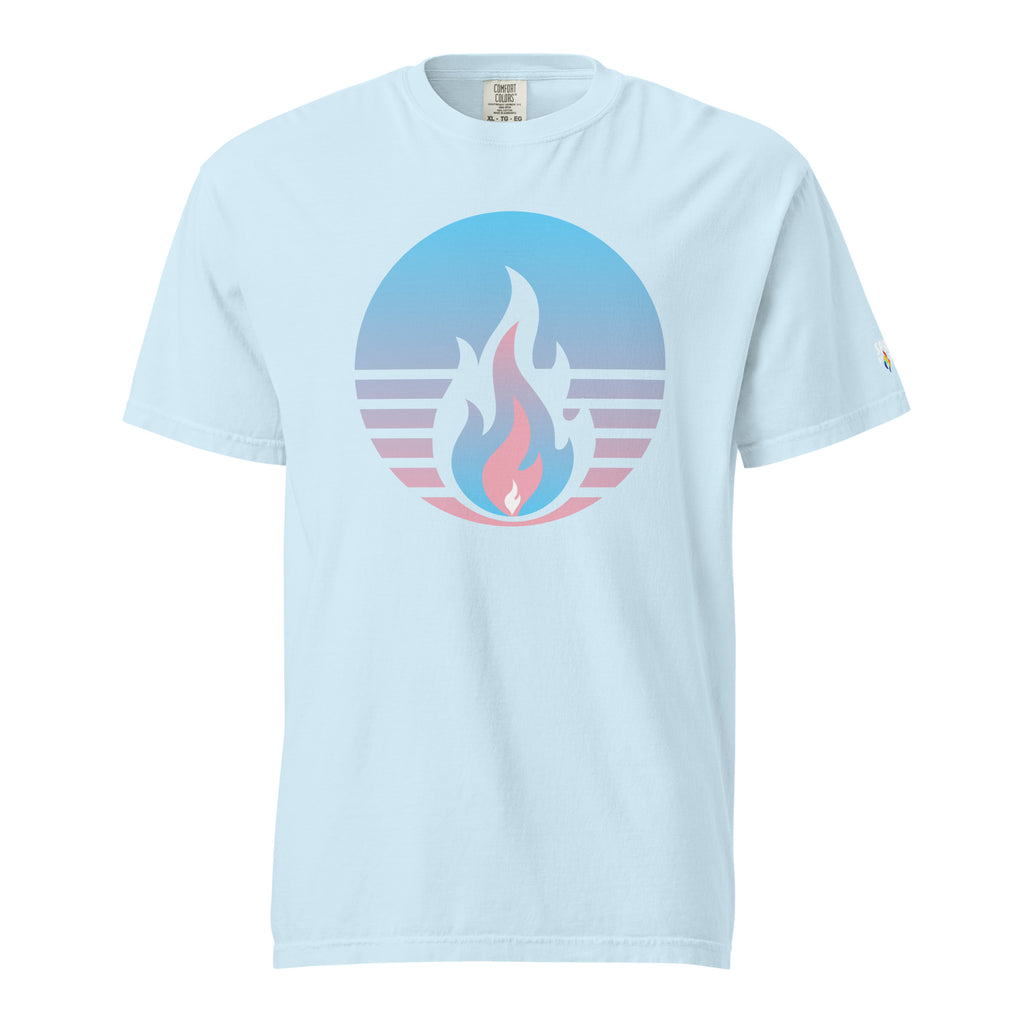 Trans Pride Fire Rising T-Shirt with retro pride flame, unisex fit, comfort colors pride shirt by Sparked By Pride.
