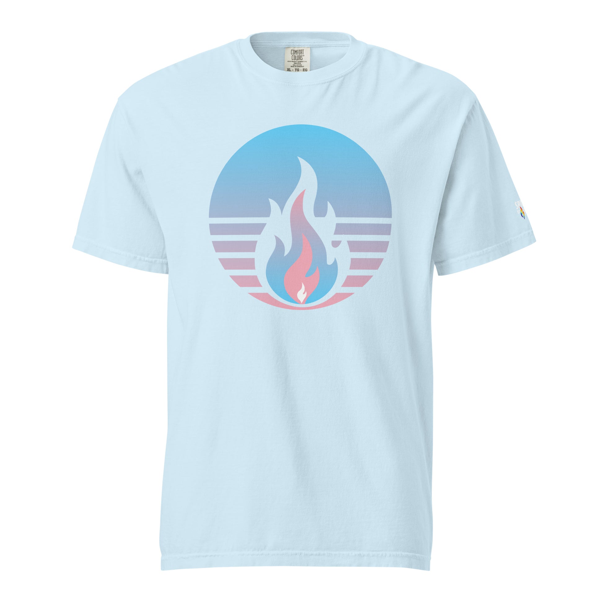 Trans Pride Fire Rising T-Shirt with retro pride flame, unisex fit, comfort colors pride shirt by Sparked By Pride.