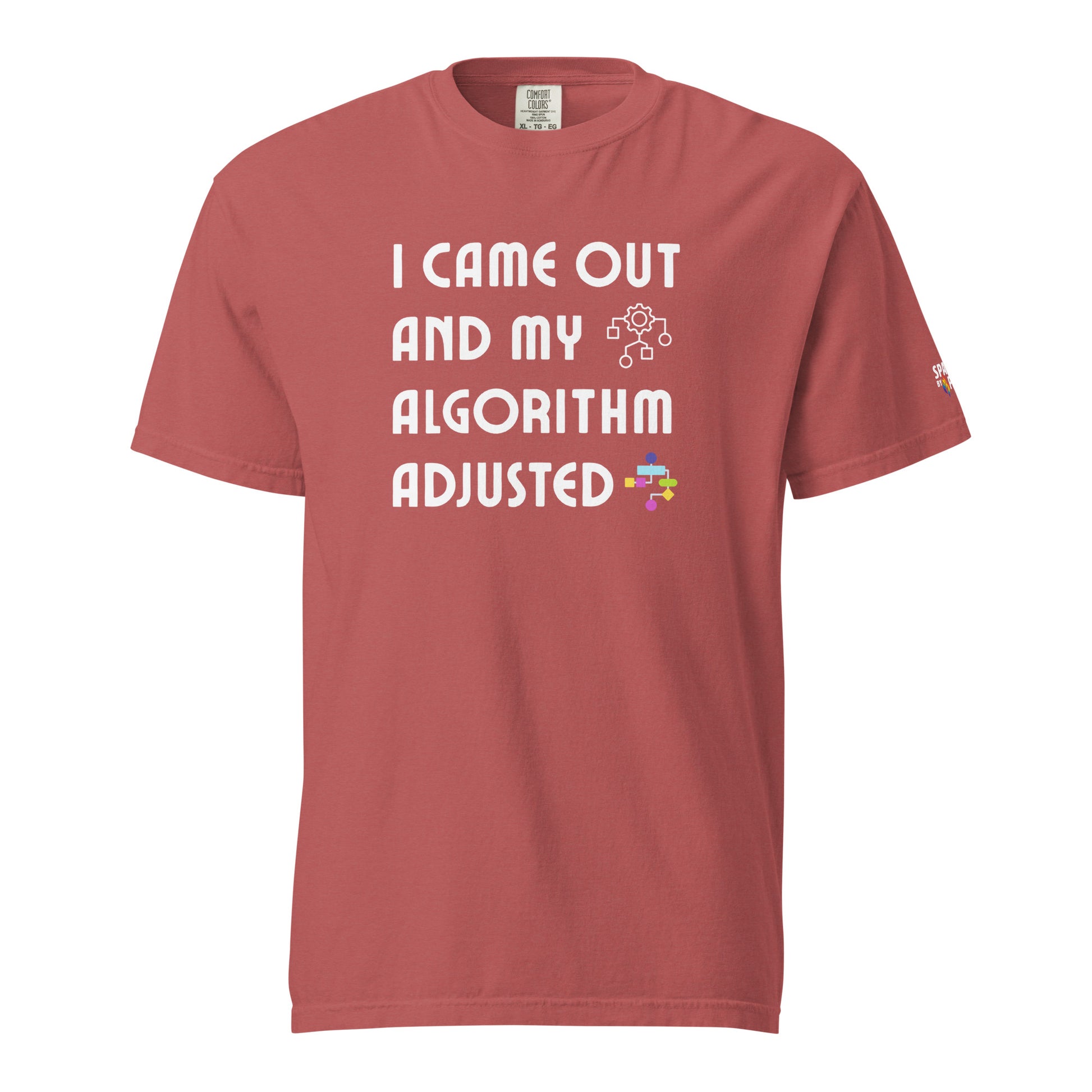 I Came Out and My Algorithm Adjusted T-Shirt, unisex pride tee by Sparked By Pride, inclusive queer fashion.