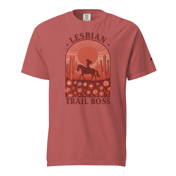 Lesbian Trail Boss T-Shirt unisex pride tee with printed pride flame graphic by Sparked By Pride