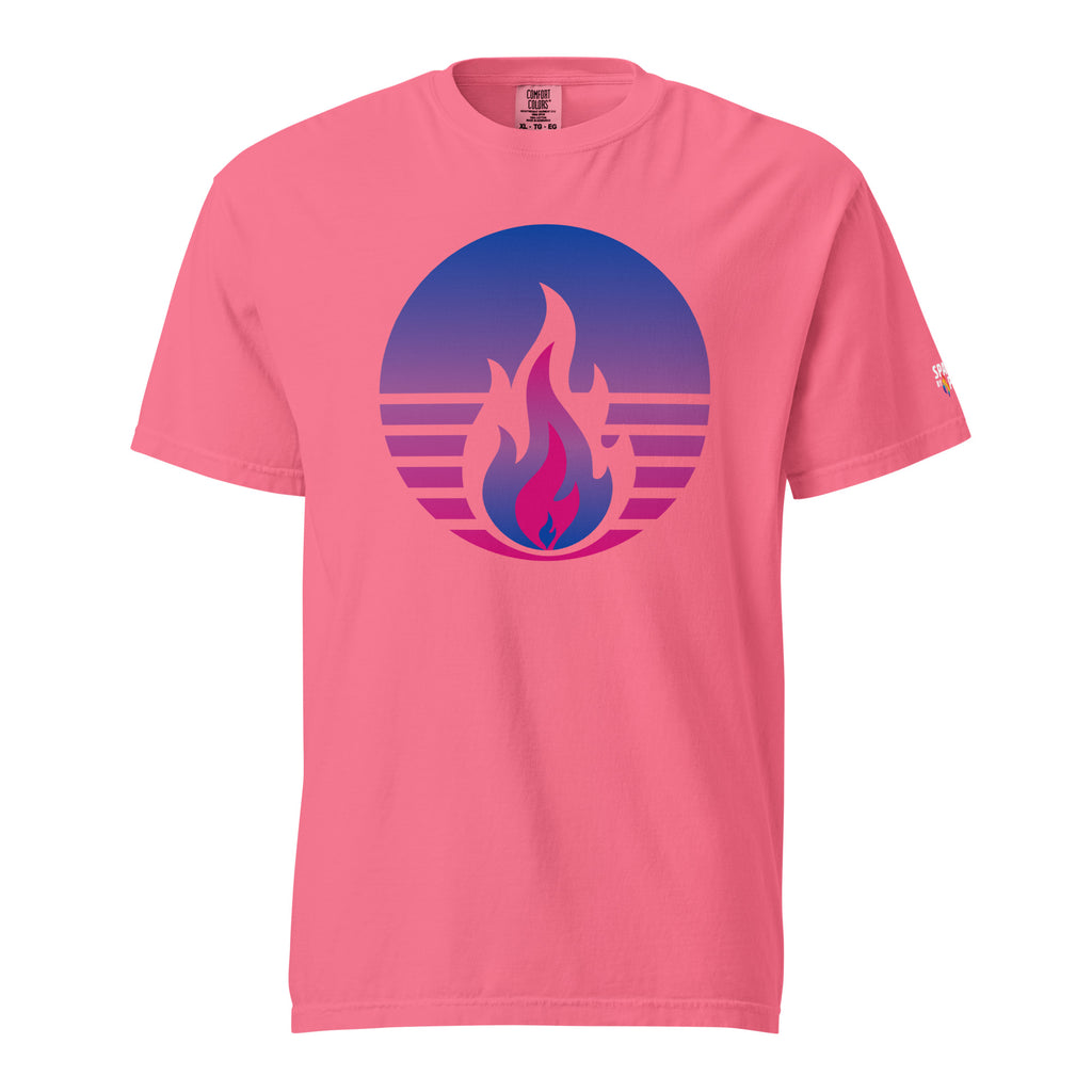 Bisexual Pride Fire Rising T-Shirt with retro pride flame graphic, unisex pride t-shirt by Sparked By Pride