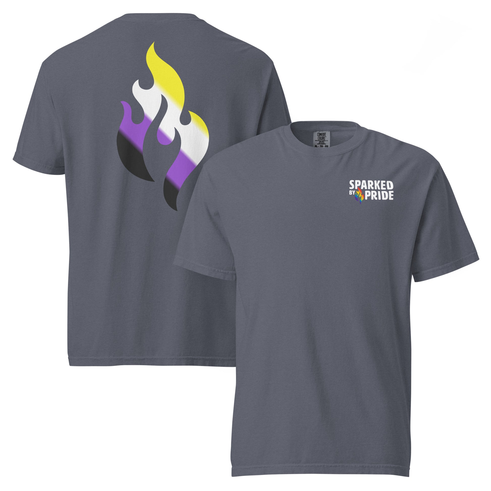 Nonbinary Pride Flame T-shirt with retro pride flame graphic, unisex fit by Sparked By Pride