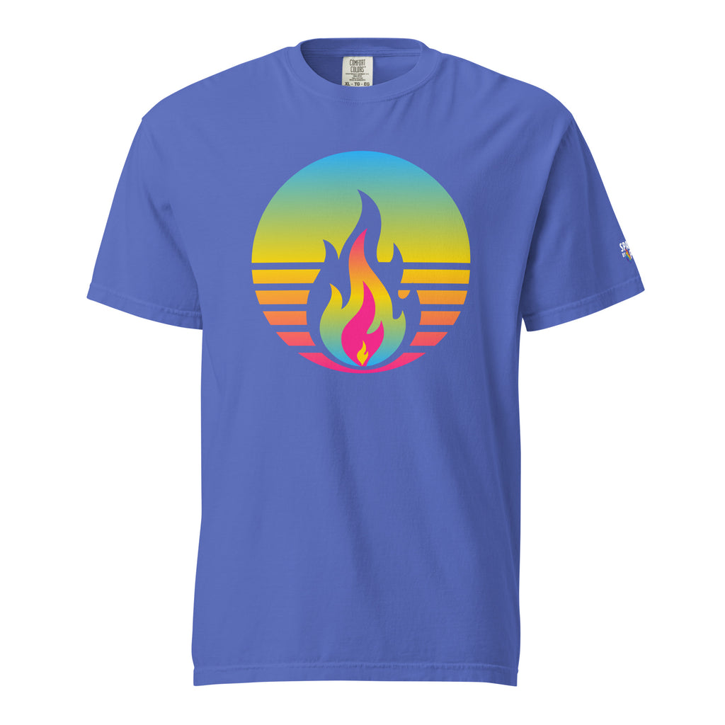 Pansexual Pride Fire Rising T-Shirt with retro pride flame graphic, unisex pride t-shirt by Sparked By Pride