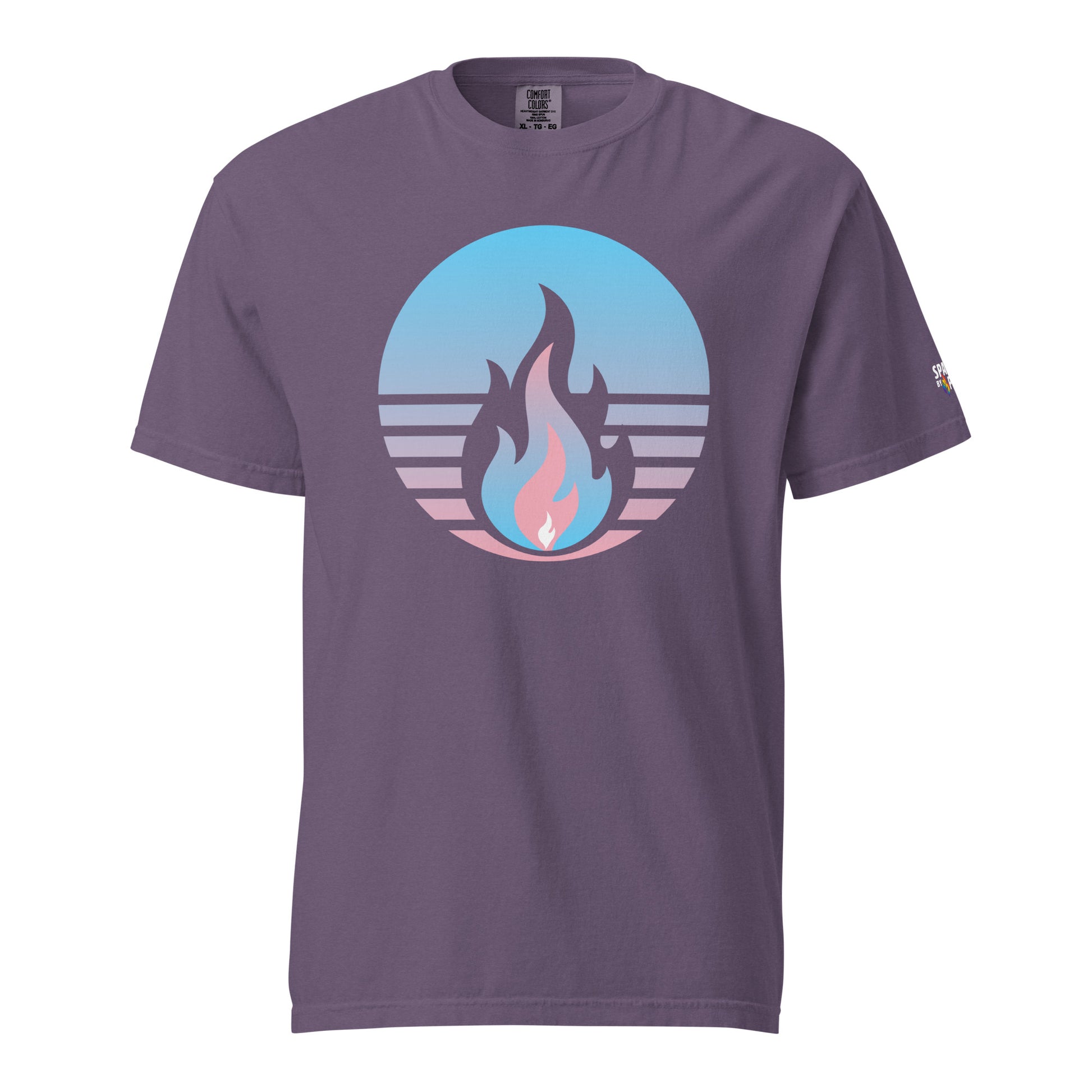 Trans Pride Fire Rising T-Shirt with retro pride flame graphic in trans colors, unisex pride t-shirt by Sparked By Pride