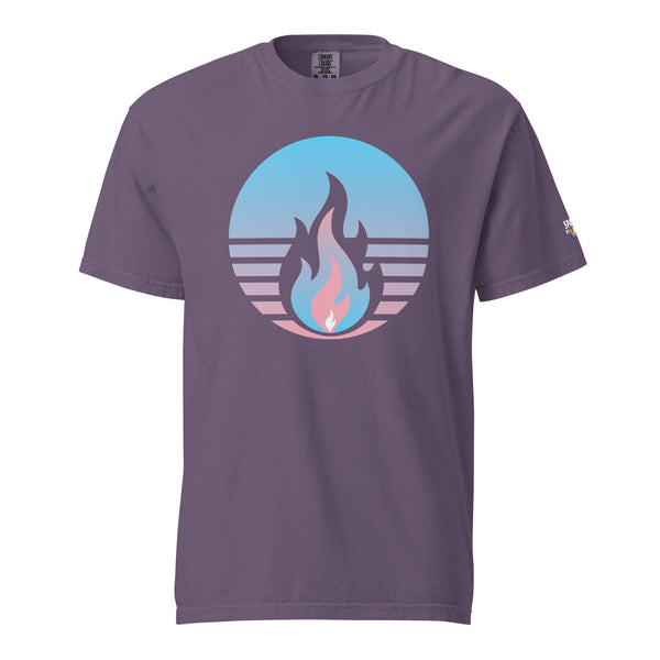 Trans Pride Fire Rising T-Shirt with retro pride flame graphic in trans colors, unisex pride t-shirt by Sparked By Pride