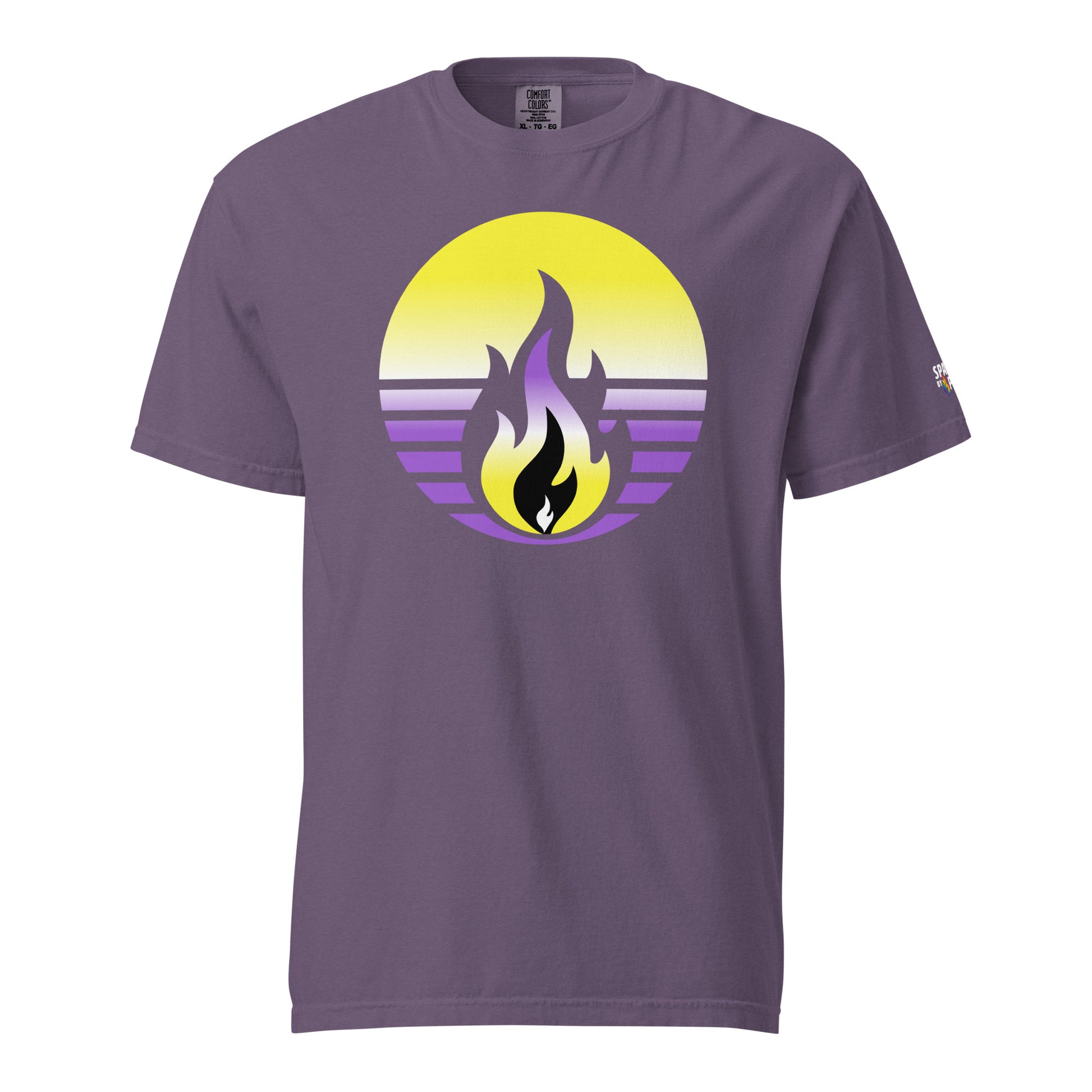 Nonbinay Pride Fire Rising T-Shirt with retro pride flame graphic, unisex LGBTQ+ pride apparel by Sparked By Pride