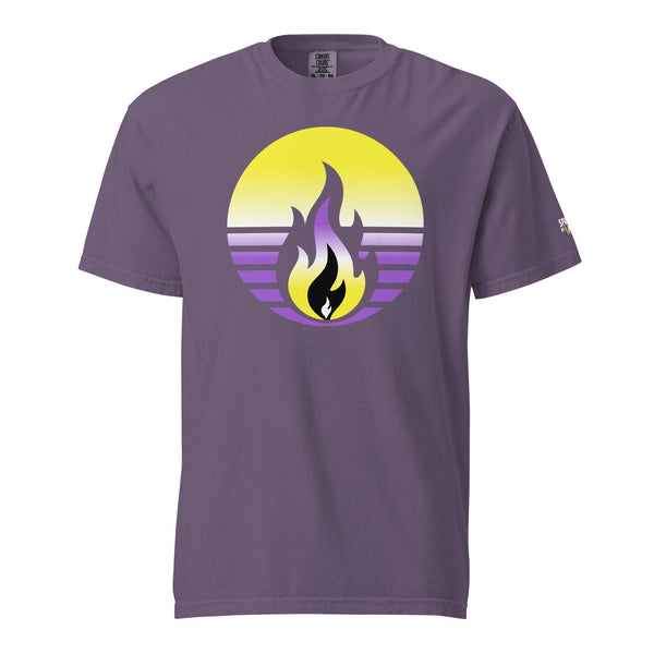 Nonbinay Pride Fire Rising T-Shirt with retro pride flame graphic, unisex LGBTQ+ pride apparel by Sparked By Pride