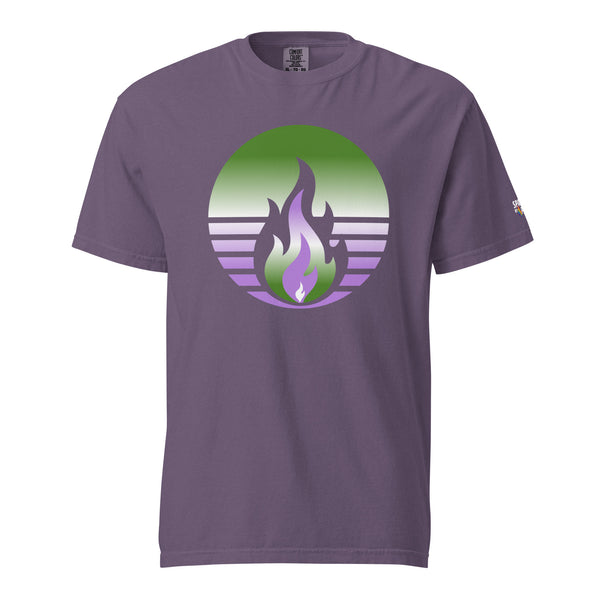 Genderqueer Pride Fire Rising T-Shirt with retro pride flame graphic, unisex comfort colors pride shirt by Sparked By Pride