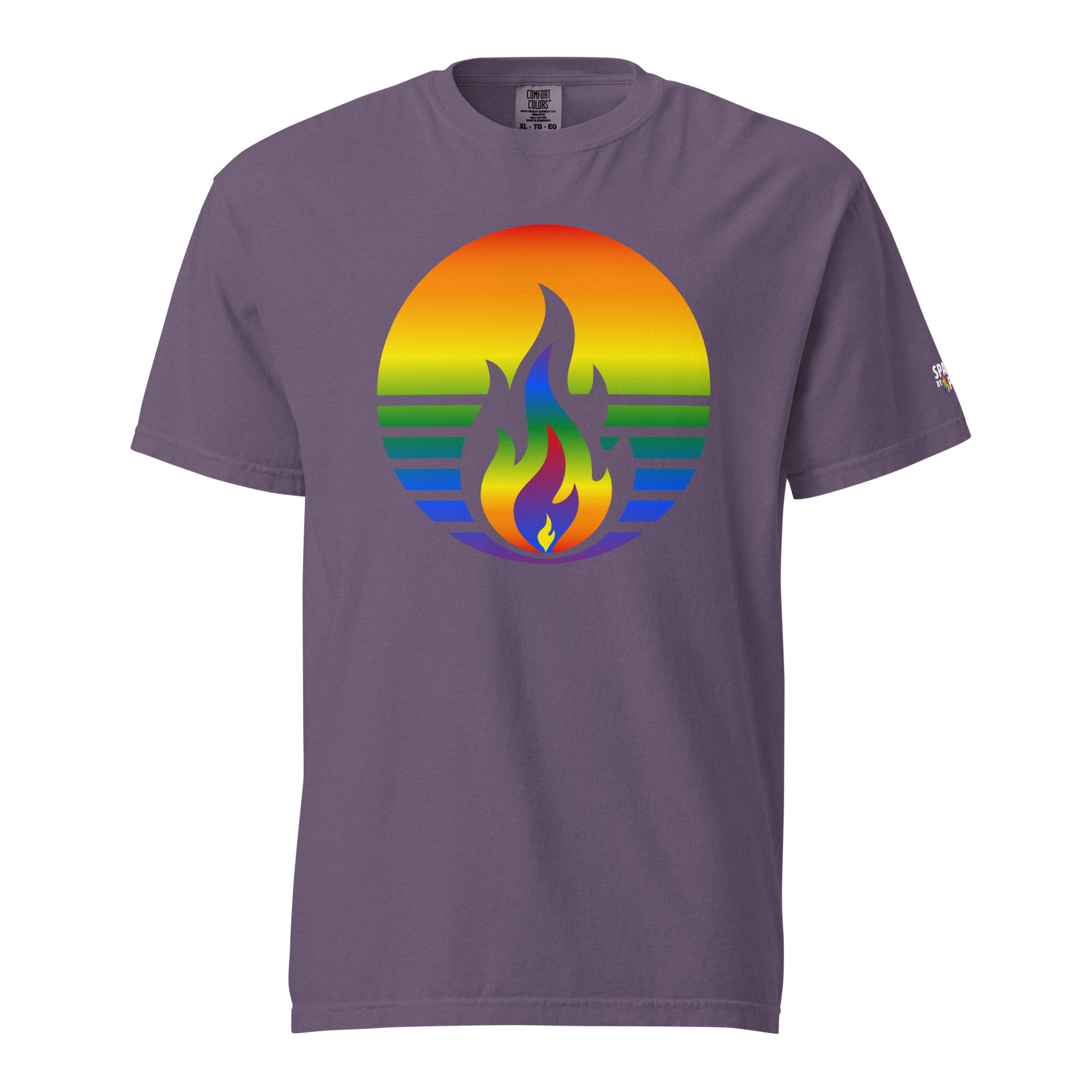 Rainbow Pride Fire Rising T-Shirt with printed pride flame graphic, unisex comfort colors shirt by Sparked By Pride