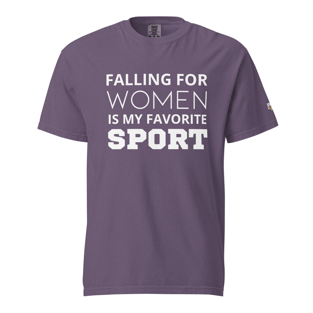 Falling for Women Is My Favorite Sport T-Shirt unisex pride tee by Sparked By Pride, inclusive queer fashion statement.