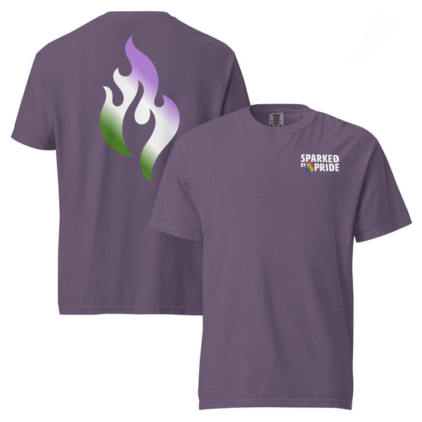 Genderqueer Pride Flame T-shirt with retro pride flame graphic on back, unisex LGBTQ+ pride apparel by Sparked By Pride