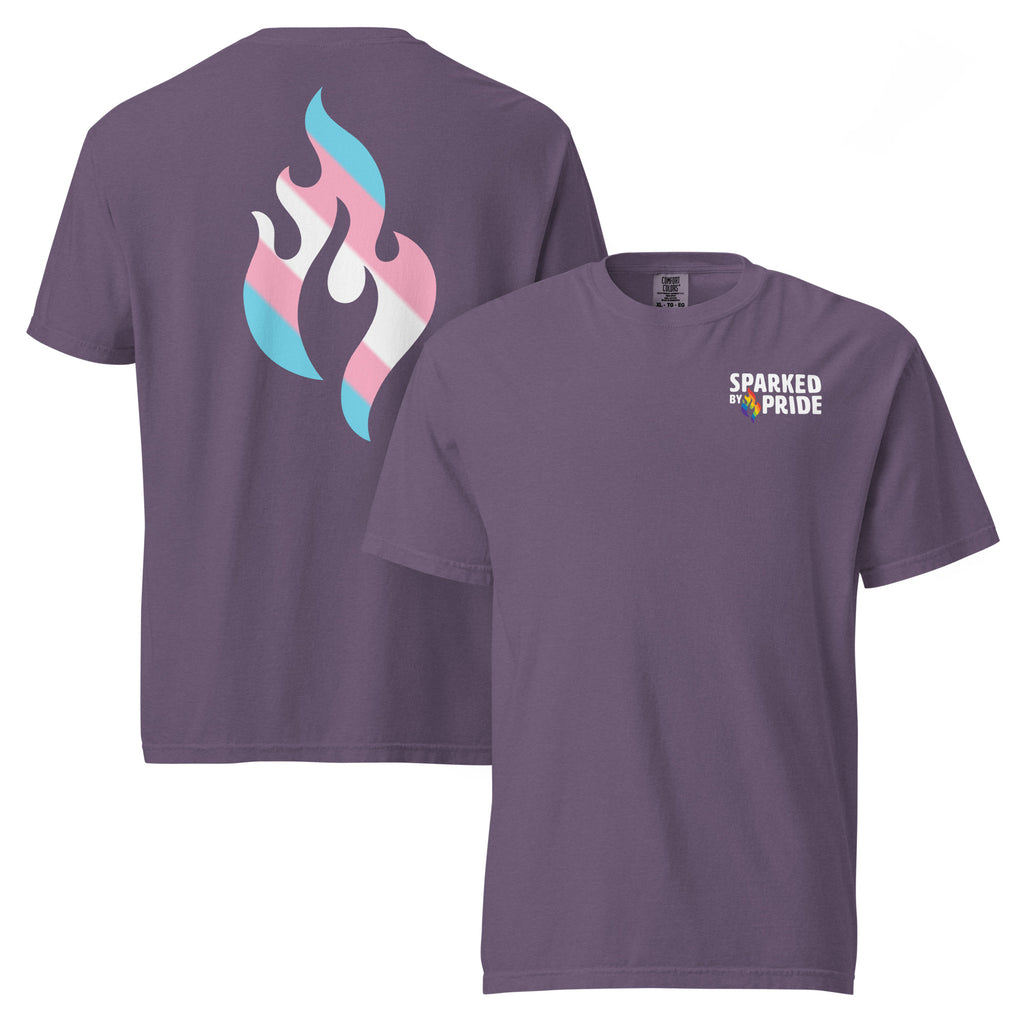 Transgender Pride Flame T-shirt with retro pride flame graphic and unisex fit by Sparked By Pride