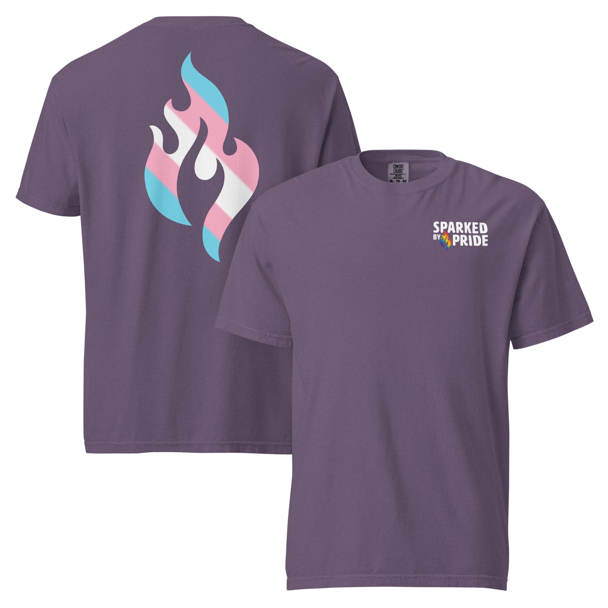 Transgender Pride Flame T-shirt with retro pride flame graphic and unisex fit by Sparked By Pride