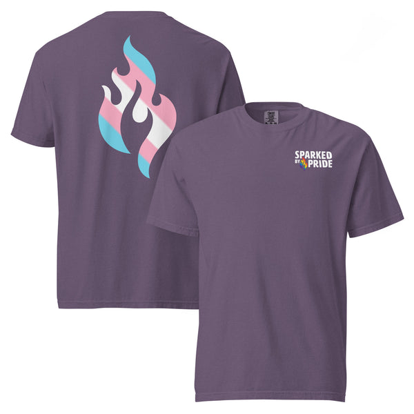 Transgender Pride Flame T-shirt with retro pride flame graphic and unisex fit by Sparked By Pride