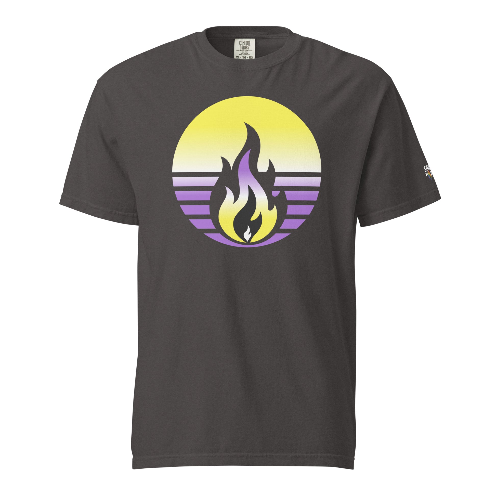 Nonbinay Pride Fire Rising T-Shirt with retro pride flame in nonbinary colors, unisex pride t-shirt by Sparked By Pride