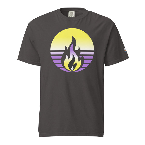 Nonbinay Pride Fire Rising T-Shirt with retro pride flame in nonbinary colors, unisex pride t-shirt by Sparked By Pride