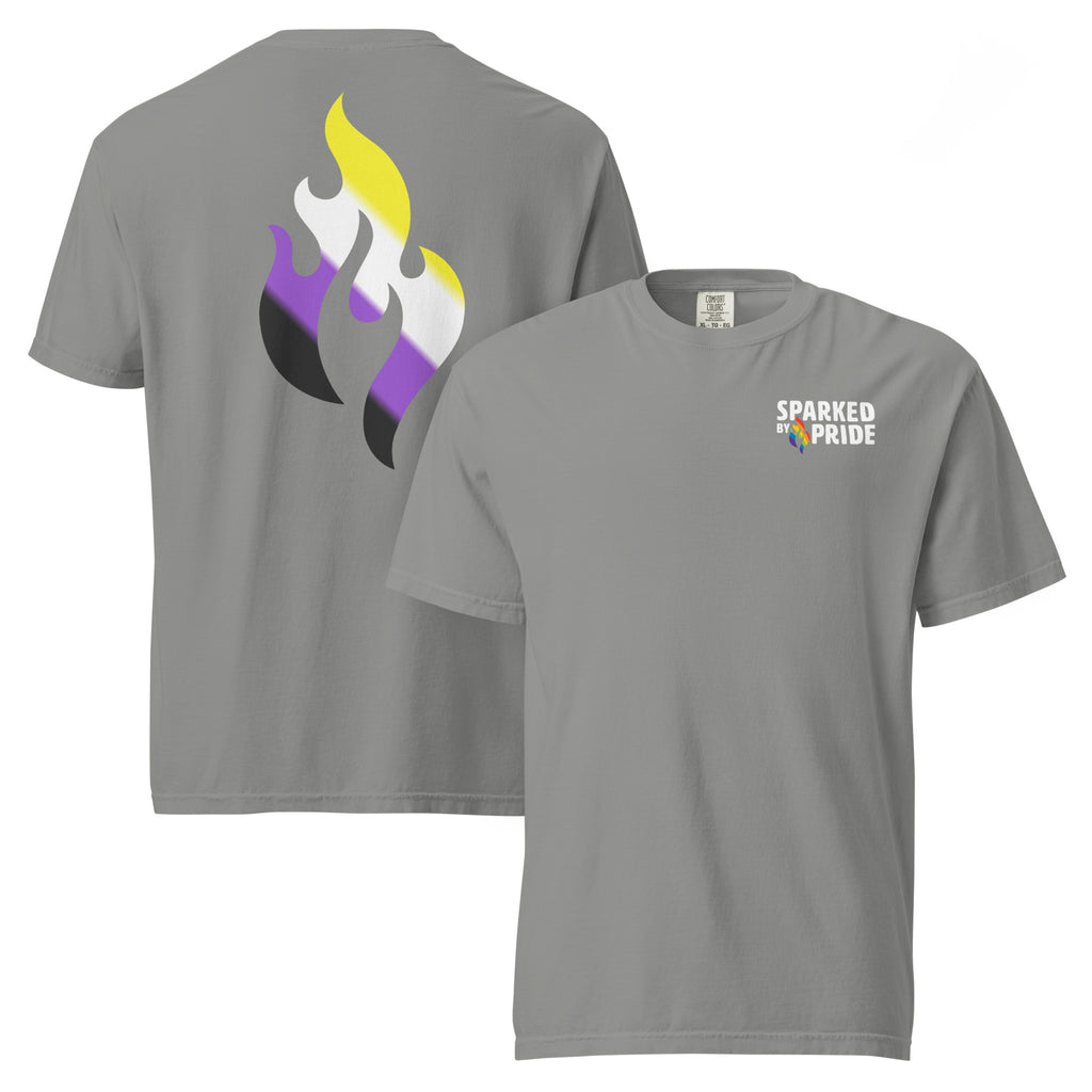 Nonbinary Pride Flame T-shirt with retro pride flame graphic in yellow, white, purple, black by Sparked By Pride