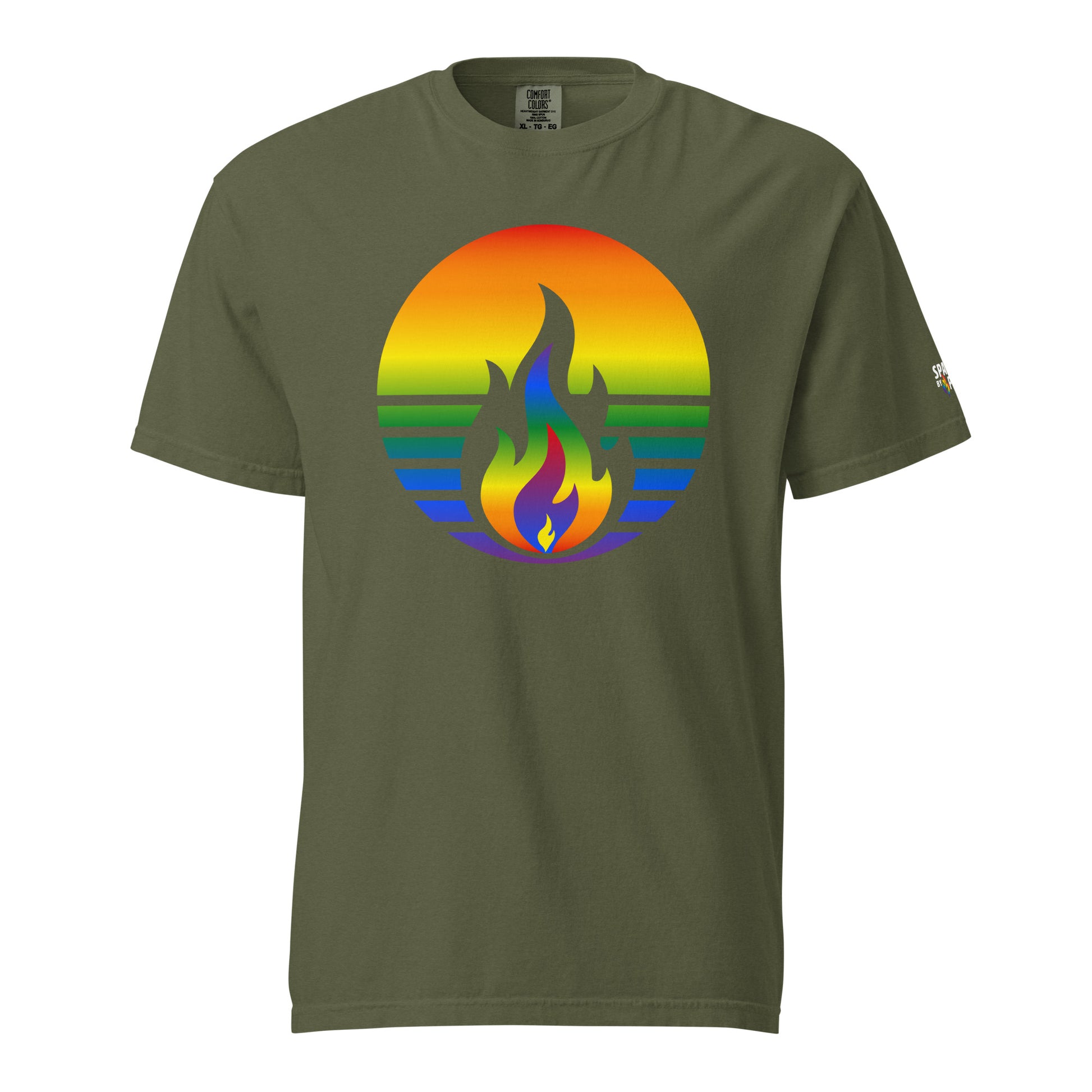Rainbow Pride Fire Rising T-Shirt with printed pride flame graphic, unisex pride t-shirt by Sparked By Pride