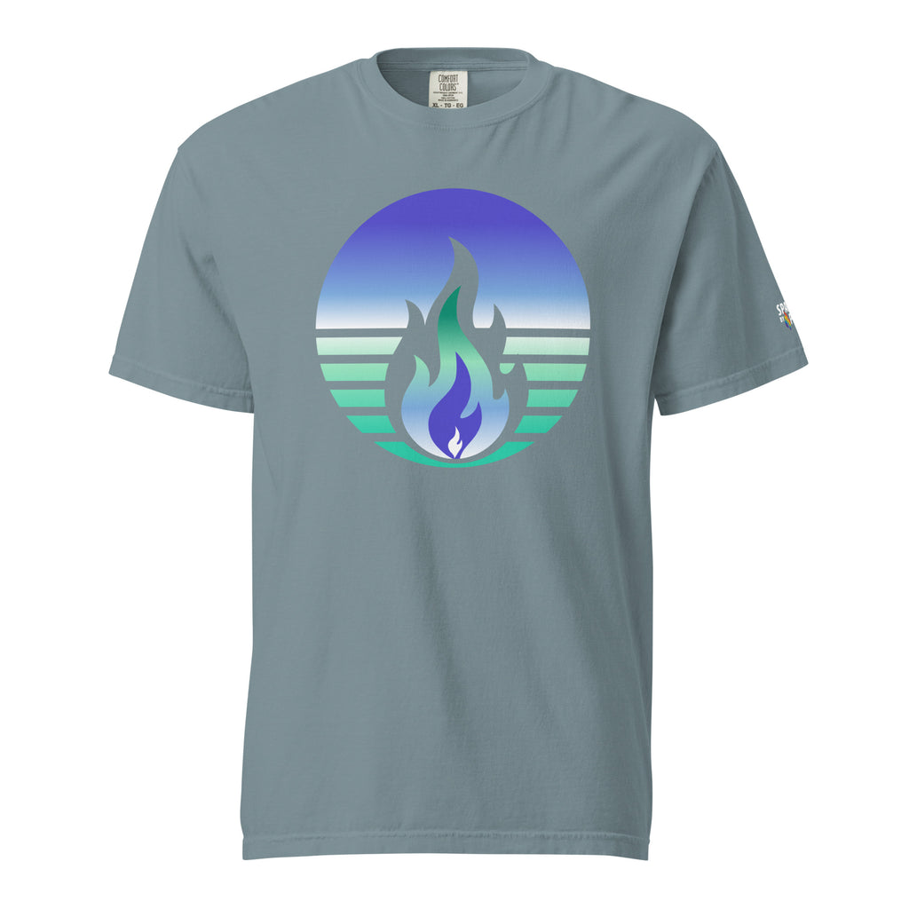 Gay Men Pride Fire Rising T-Shirt with retro pride flame graphic in unisex fit by Sparked By Pride
