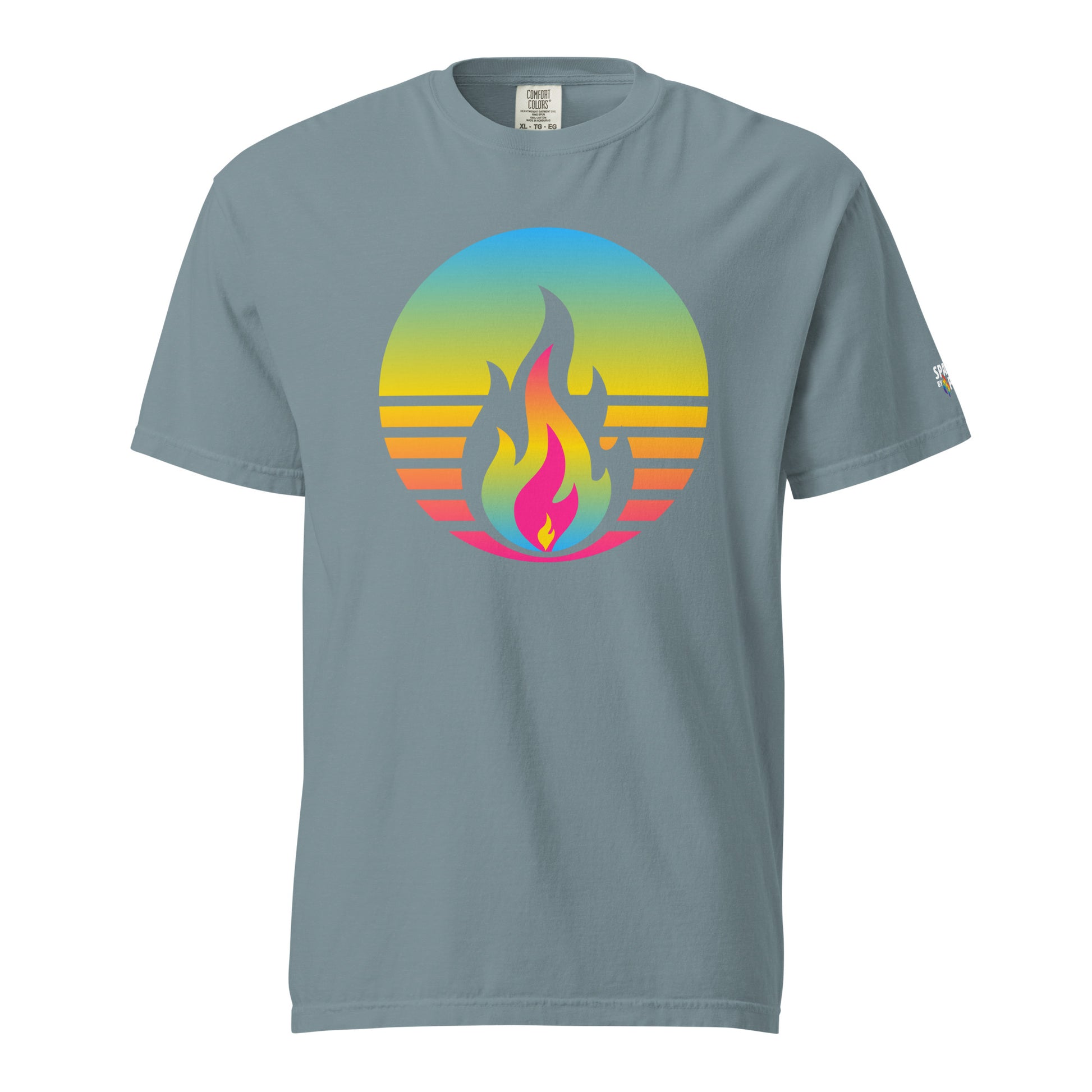 Pansexual Pride Fire Rising T-Shirt with retro pride flame design, unisex pride t-shirt by Sparked By Pride