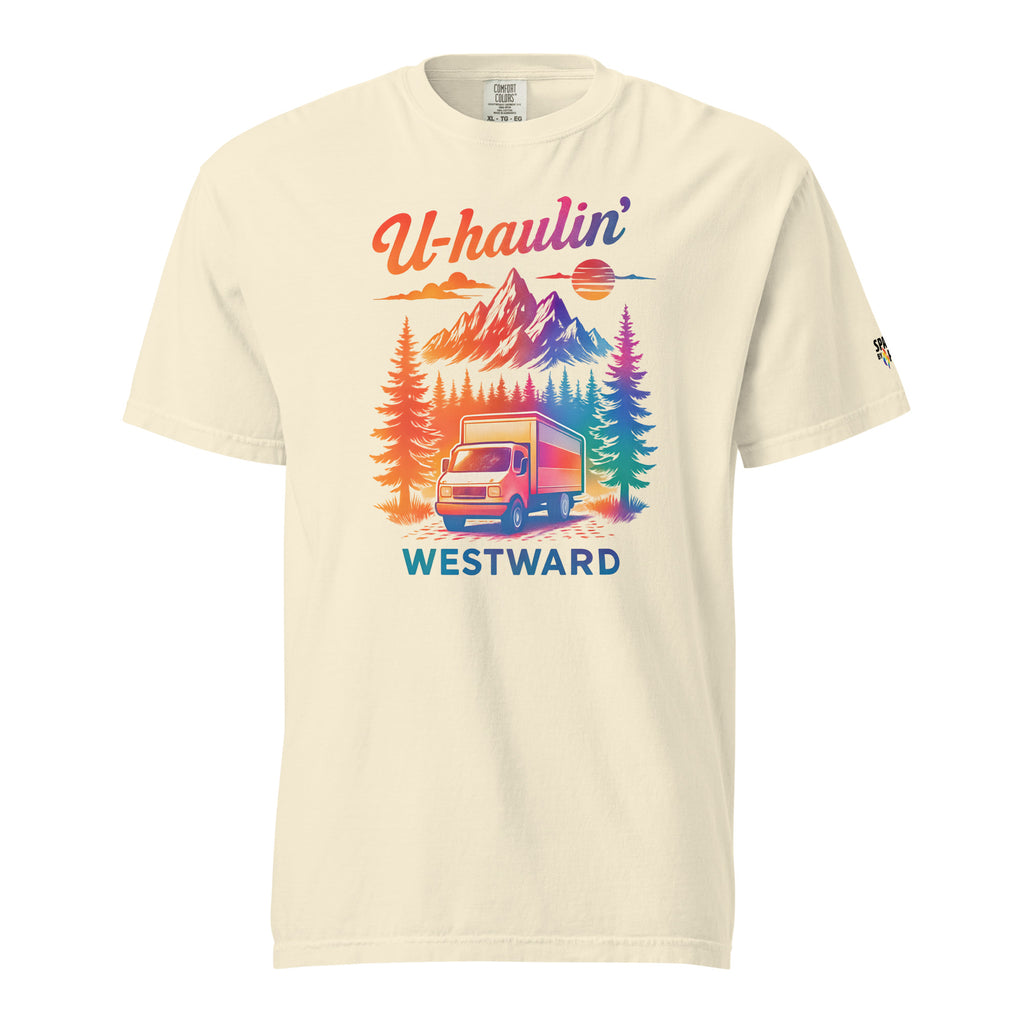 U-Haulin’ Westward T-Shirt unisex pride tee with printed pride flame graphic by Sparked By Pride