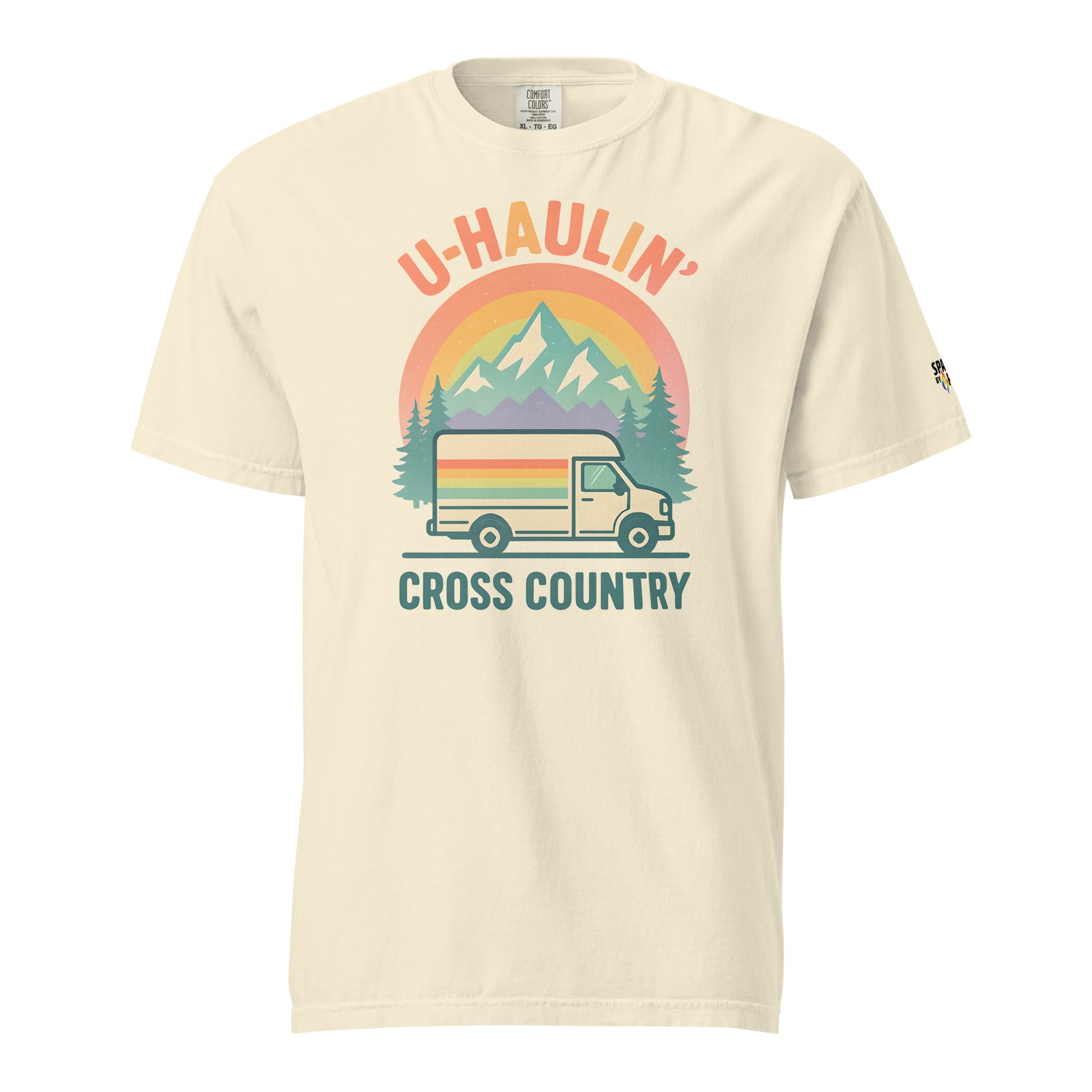 U-Haulin’ Cross Country T-Shirt unisex pride tee with retro pride flame graphic by Sparked By Pride