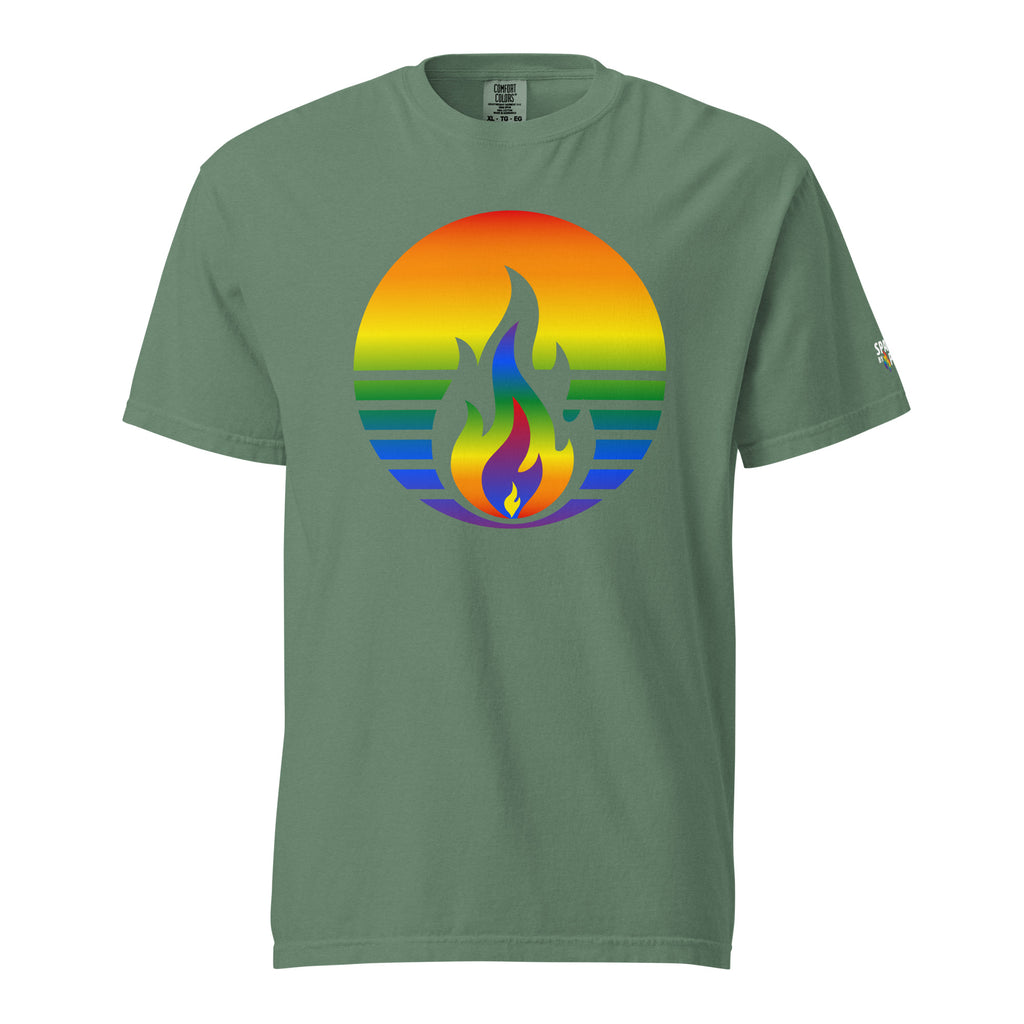 Rainbow Pride Fire Rising T-Shirt with retro pride flame graphic on Comfort Colors cotton by Sparked By Pride