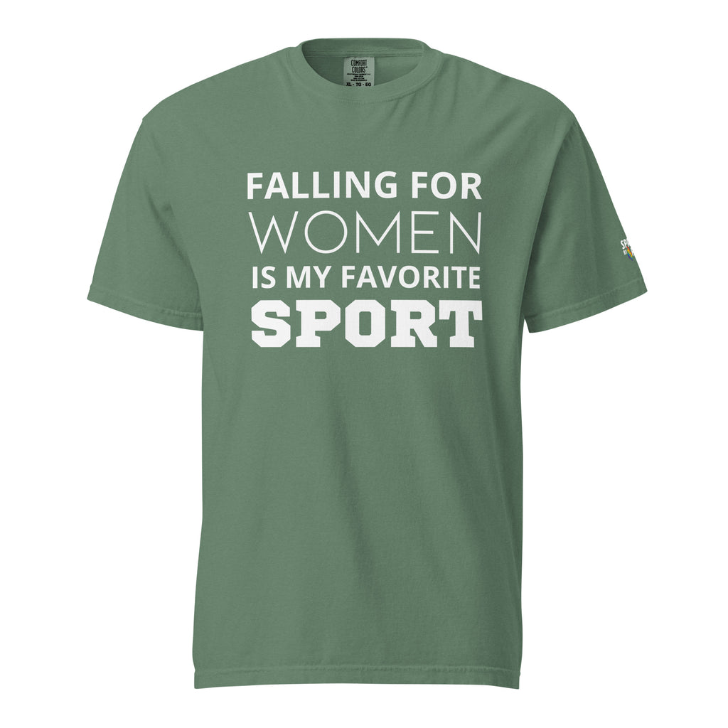 Falling for Women Is My Favorite Sport T-Shirt unisex pride tee, gender-affirming comfort Colors by Sparked By Pride