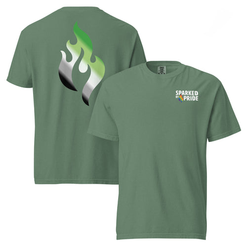 Aromantic Pride Flame T-shirt with retro pride flame graphic, unisex fit, Comfort Colors fabric by Sparked By Pride