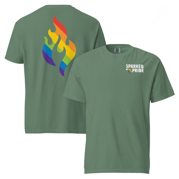 Rainbow Pride Flame T-Shirt with printed pride flame graphic, unisex pride t-shirt by Sparked By Pride