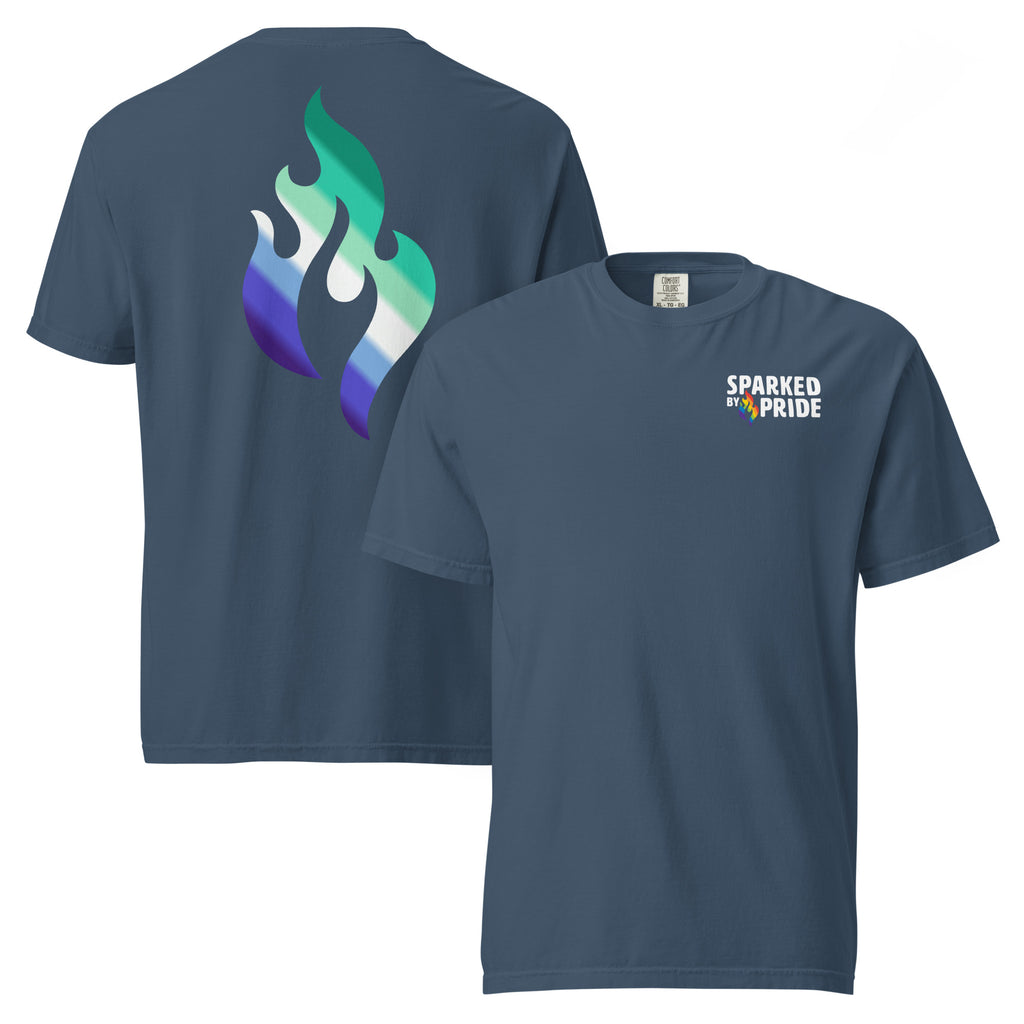 Gay Men Pride Flame T-shirt with retro pride flame graphic, unisex fit, made to order by Sparked By Pride