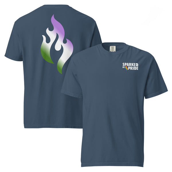Genderqueer Pride Flame T-shirt with retro pride flame graphic in lavender, white, green by Sparked By Pride