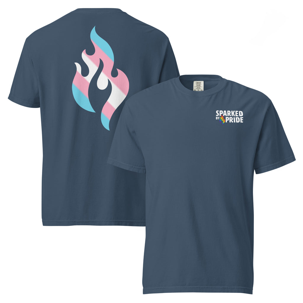 Transgender Pride Flame T-shirt with retro pride flame graphic, unisex comfort Colors pride shirt by Sparked By Pride