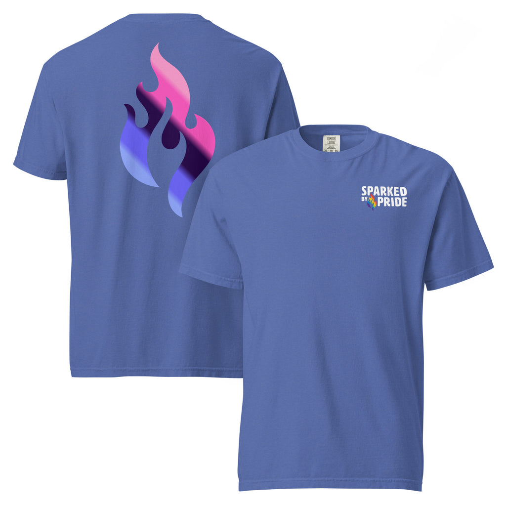 Omnisexual Pride Flame T-shirt with retro pride flame graphic in pink, purple, blue on Comfort Colors shirt by Sparked By Pride