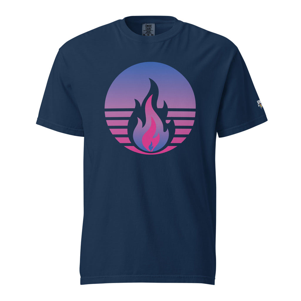 Bisexual Pride Fire Rising T-Shirt with retro pride flame graphic, unisex comfort shirt by Sparked By Pride