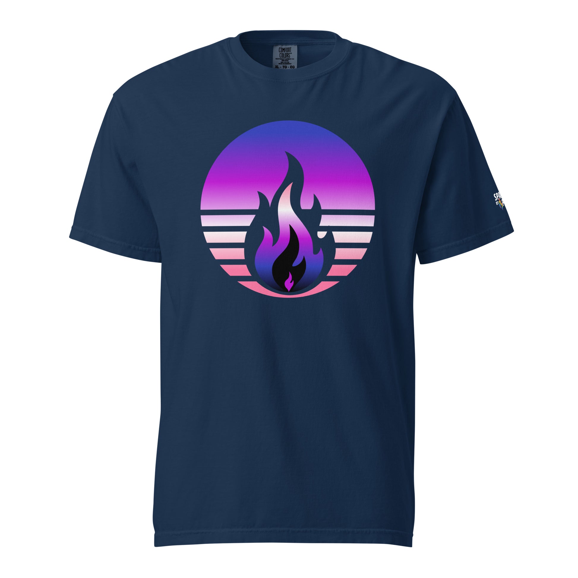 Genderfluid Pride Fire Rising T-Shirt with retro pride flame in Comfort Colors cotton by Sparked By Pride