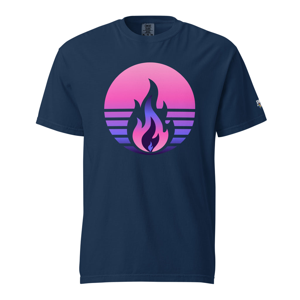 Omnisexual Pride Fire Rising T-Shirt with retro pride flame graphic, unisex fit by Sparked By Pride.