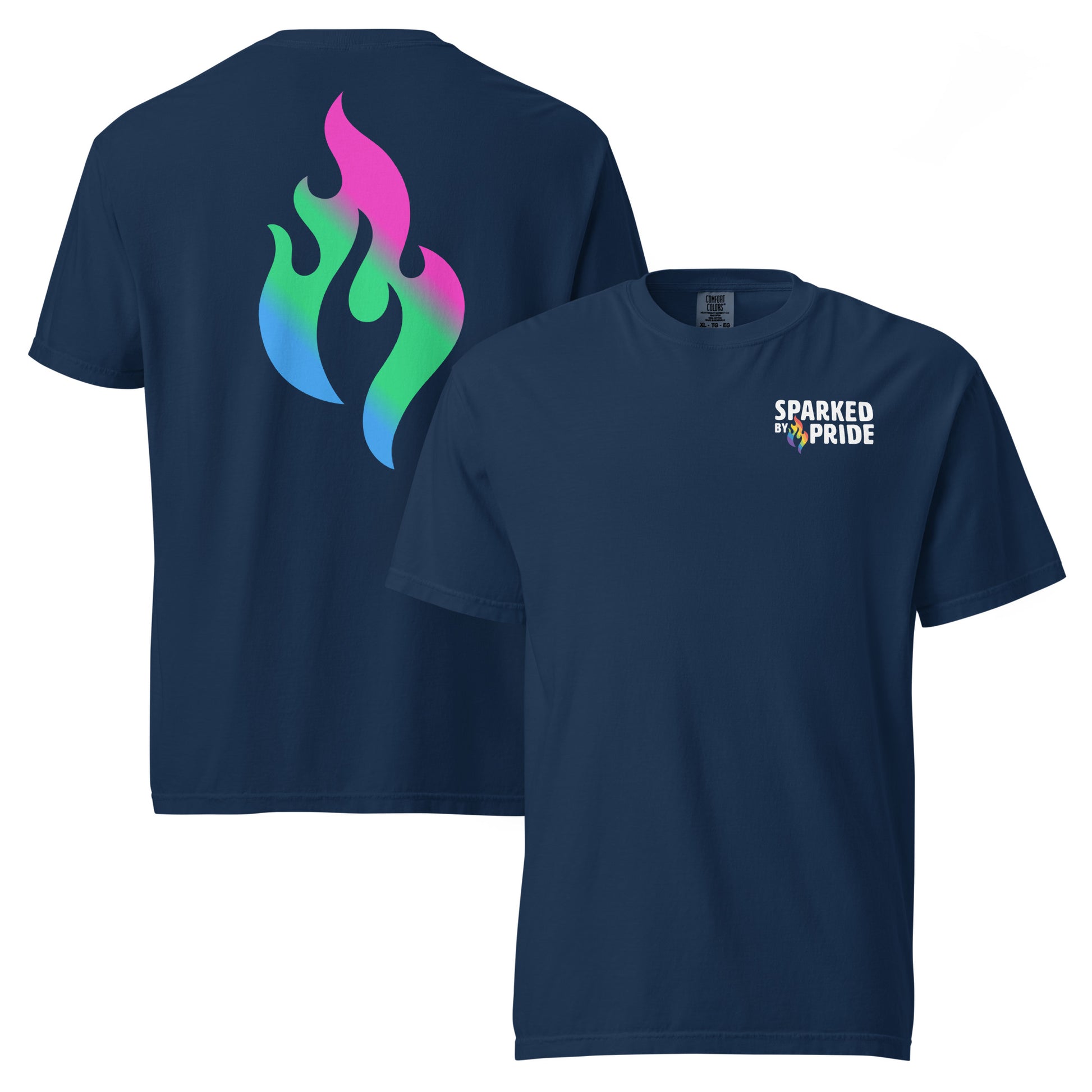 Polysexual Pride Flame T-shirt with retro pride flame graphic in pink, green, blue, unisex fit by Sparked By Pride