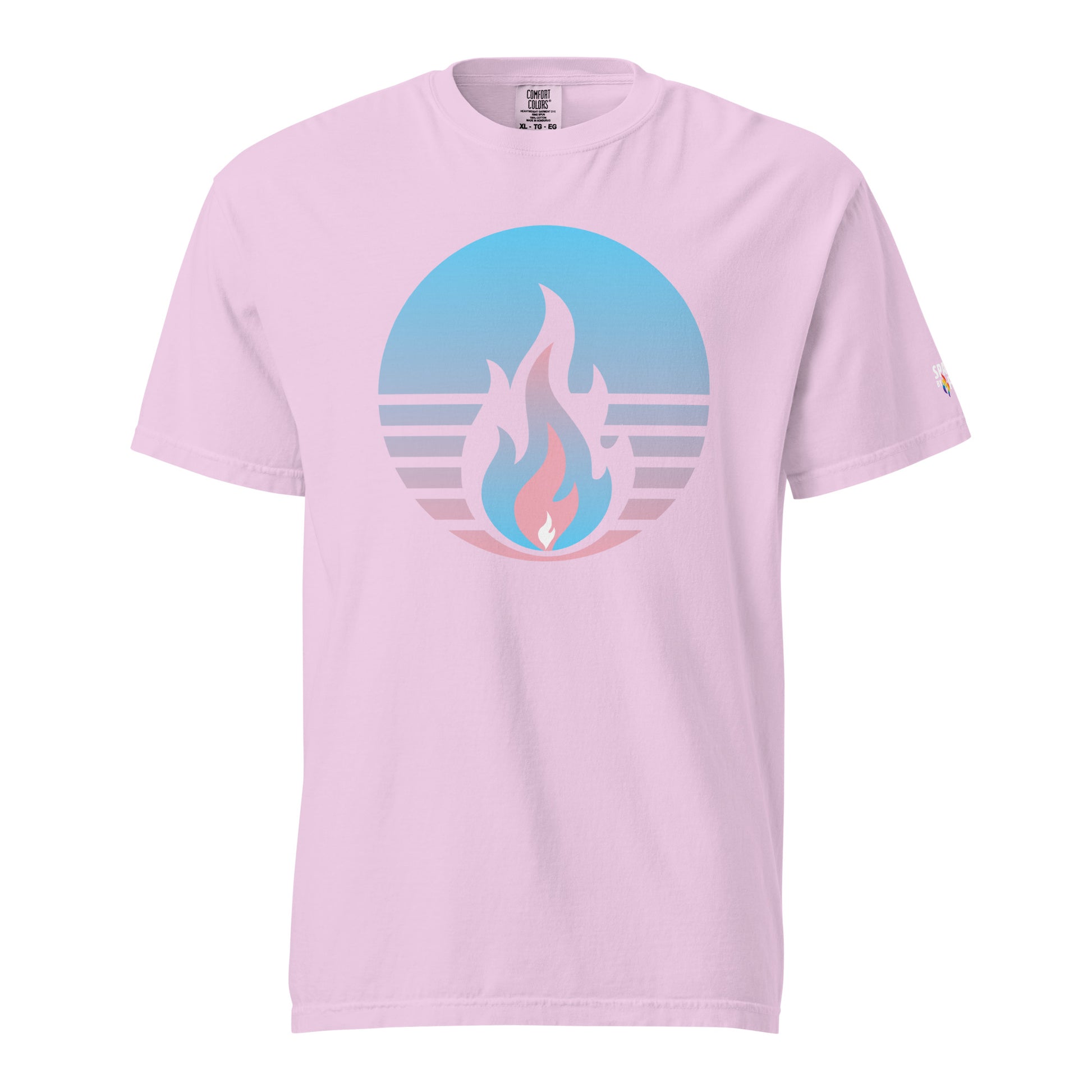Trans Pride Fire Rising T-Shirt with retro pride flame graphic, unisex pride t-shirt by Sparked By Pride